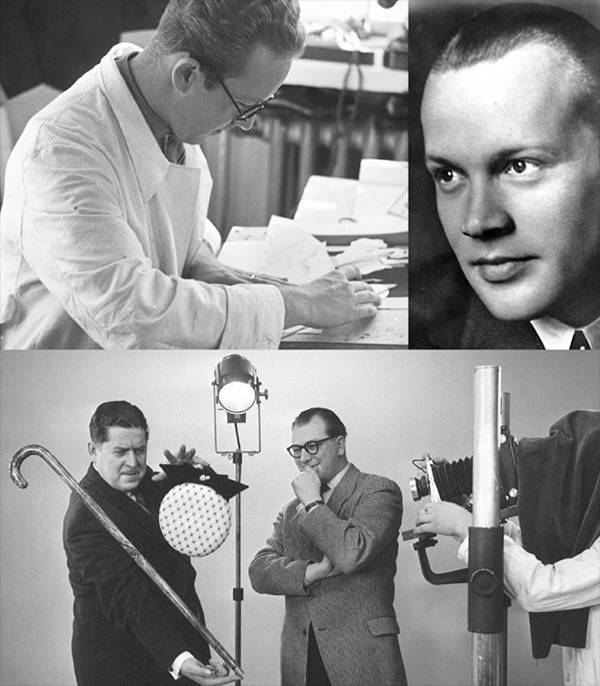 SEKin perustajat kollaasissa, Jorma Suhonen työskentelee valkoisessa takissa työpöydän äärellä, Aarno Knuusin kasvot, Holger Erkelenz valvoo valokuvausta